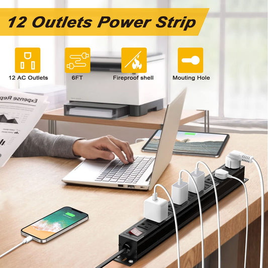 12 Outlets Rack PDU Power Strip Surge Protector with 6FT Cord