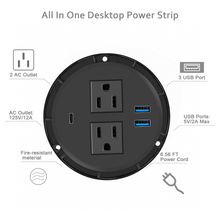 Load image into Gallery viewer, Desktop Power Grommet with USB C,Recessed Power Outlets with 2 AC Plugs and 3 USB Charging Ports,Hidden Power Strip for Office Kitchen Cabinet Conference Room