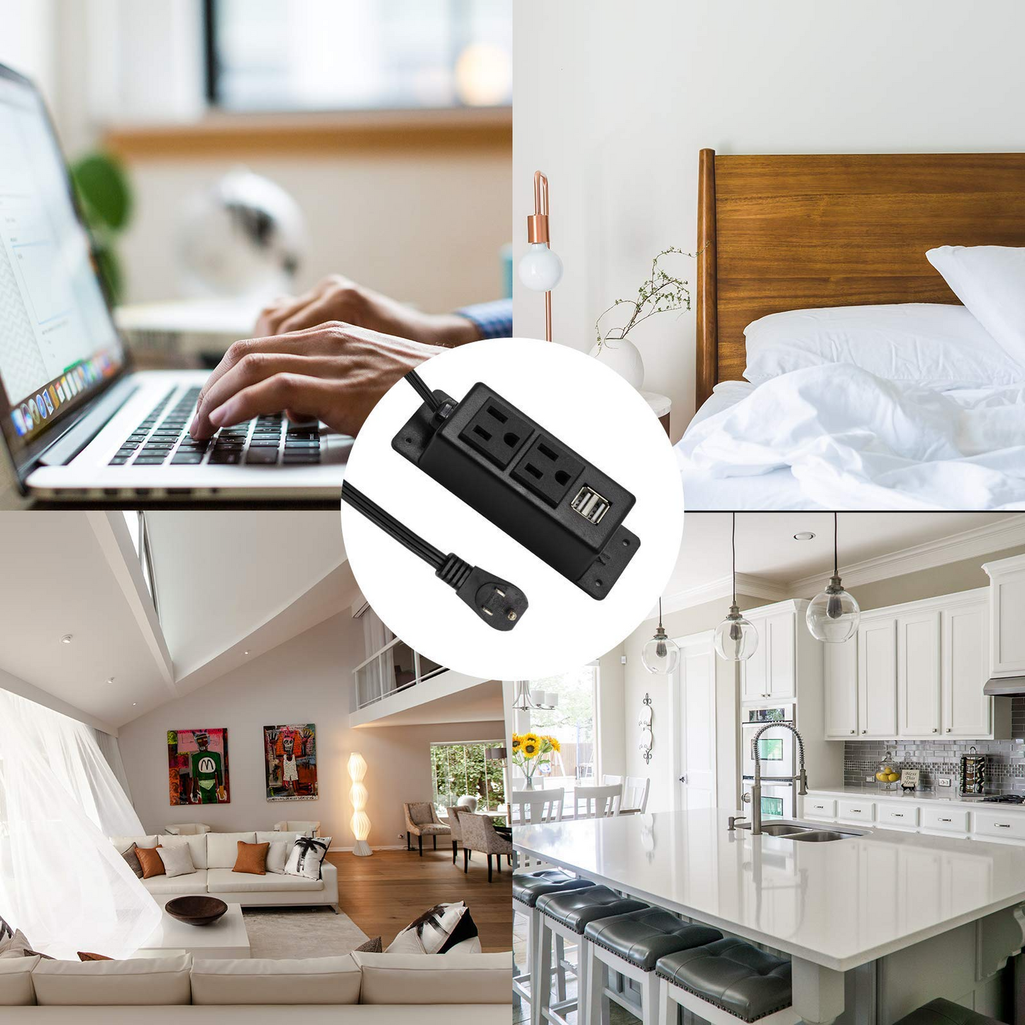 Power Strip with USB, BTU Desktop Power Outlet with 2 AC Outlets, 2 USB Ports, 6.56ft Extension Cord, Mountable Under Desk, Workbench, Nightstand, Dresser, Table, Black