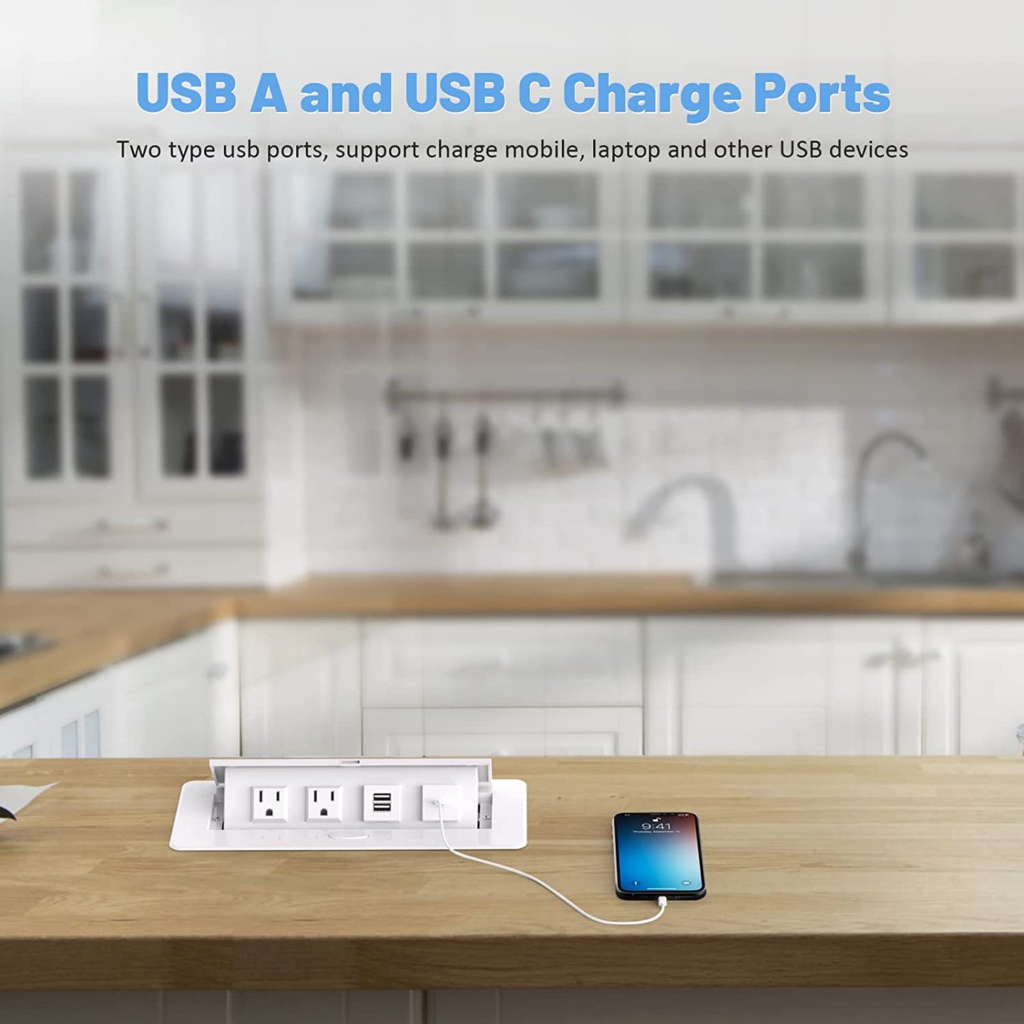 Pop Up Power Strip with 2 AC Outlets USB A and USB C
