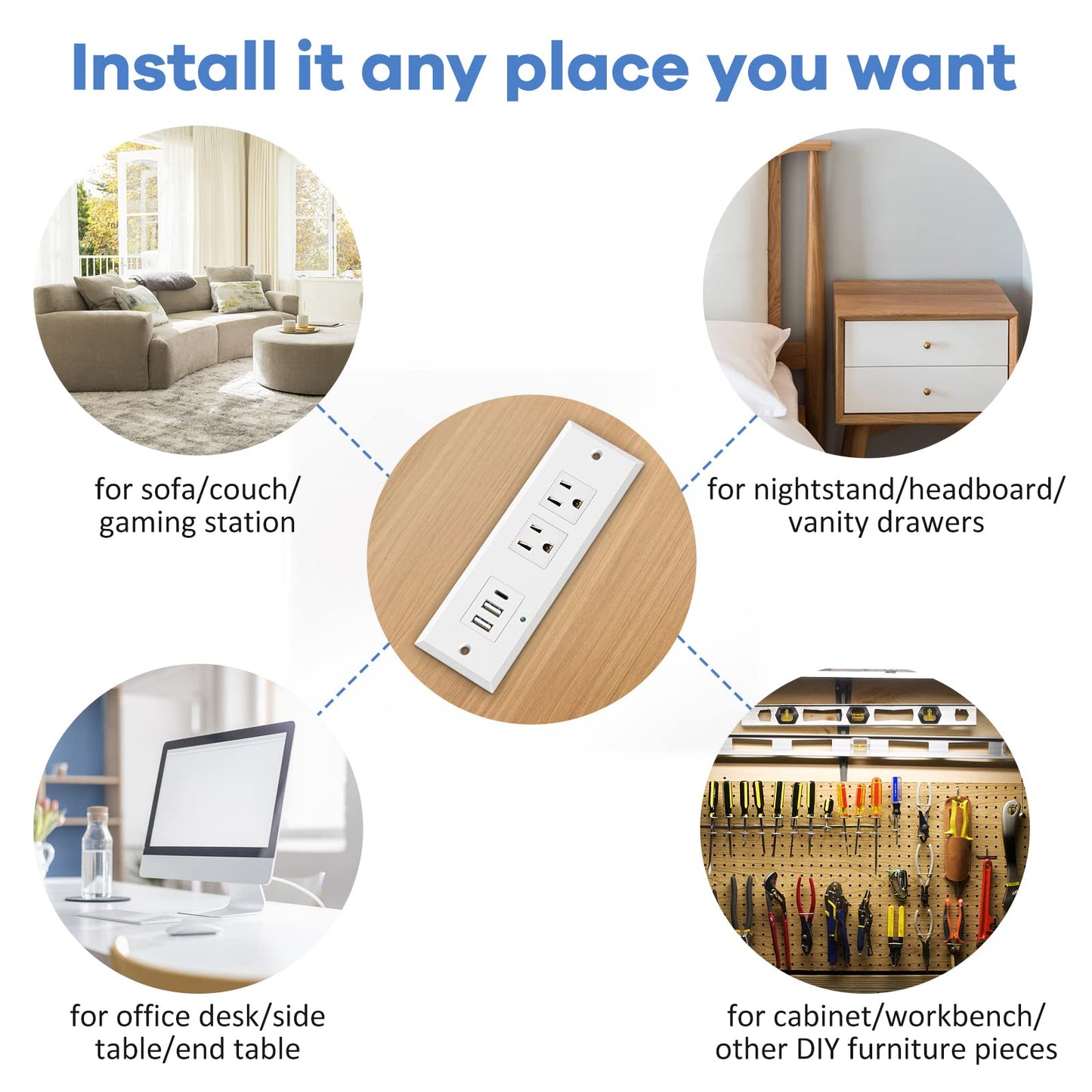 Recessed Power Strip Desk Outlets with Type-C