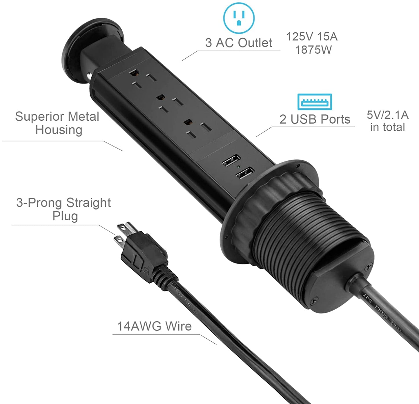 Pop Up Outlet with 3 AC Outlet & 2 USB Port