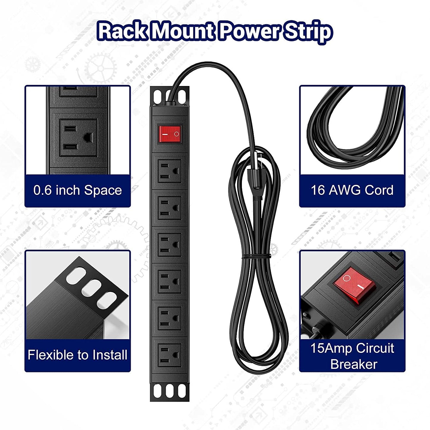 6 Outlets Wall Mount Power Strip with 6 FT