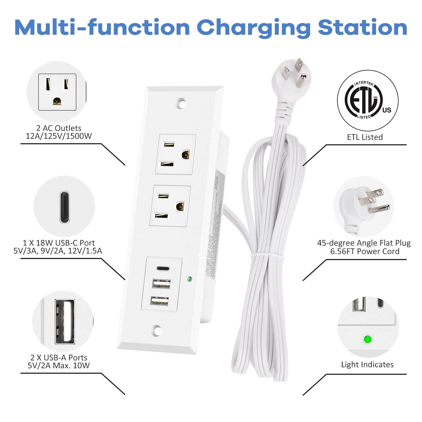 Recessed Power Strip Desk Outlets with Type-C