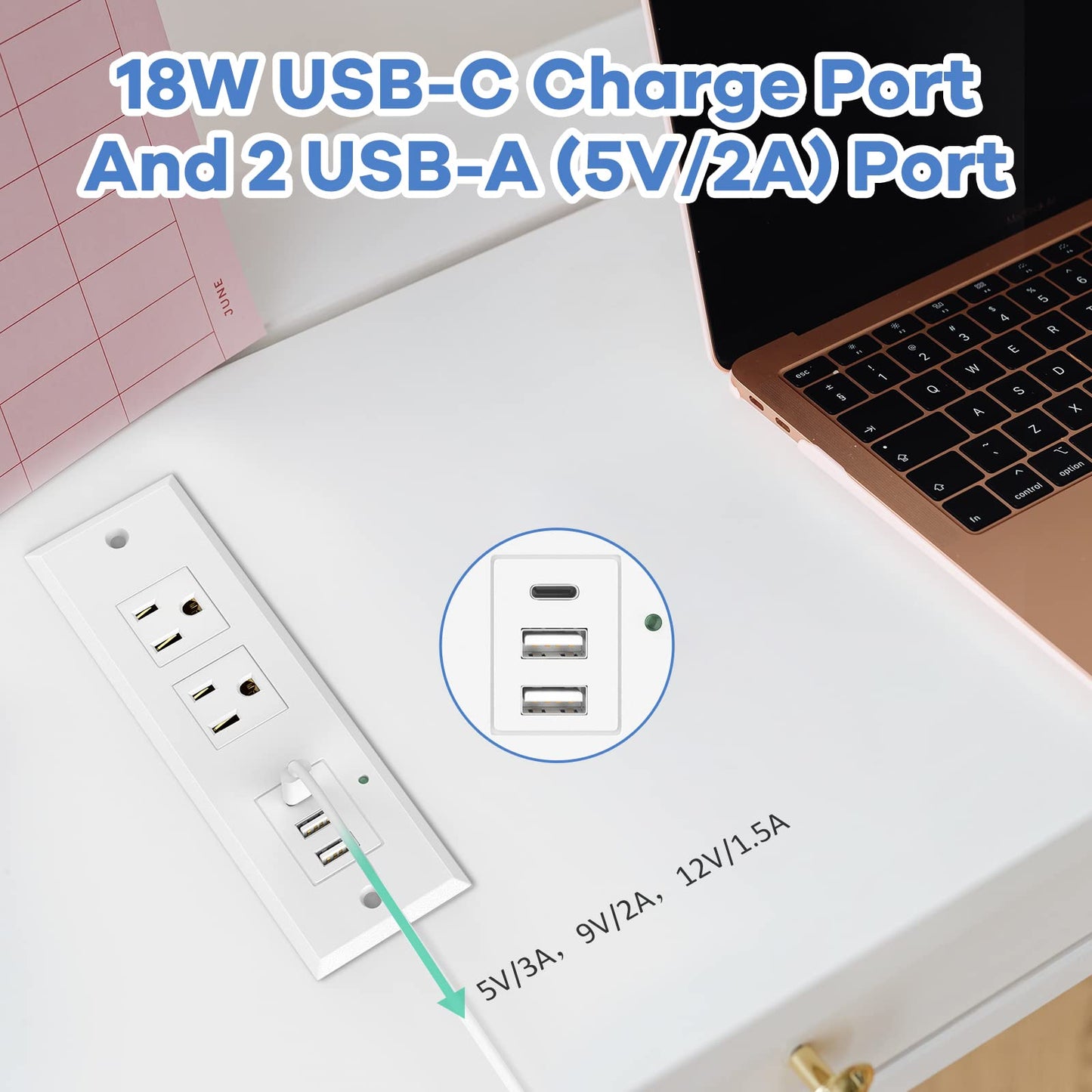 Recessed Power Strip Desk Outlets with Type-C