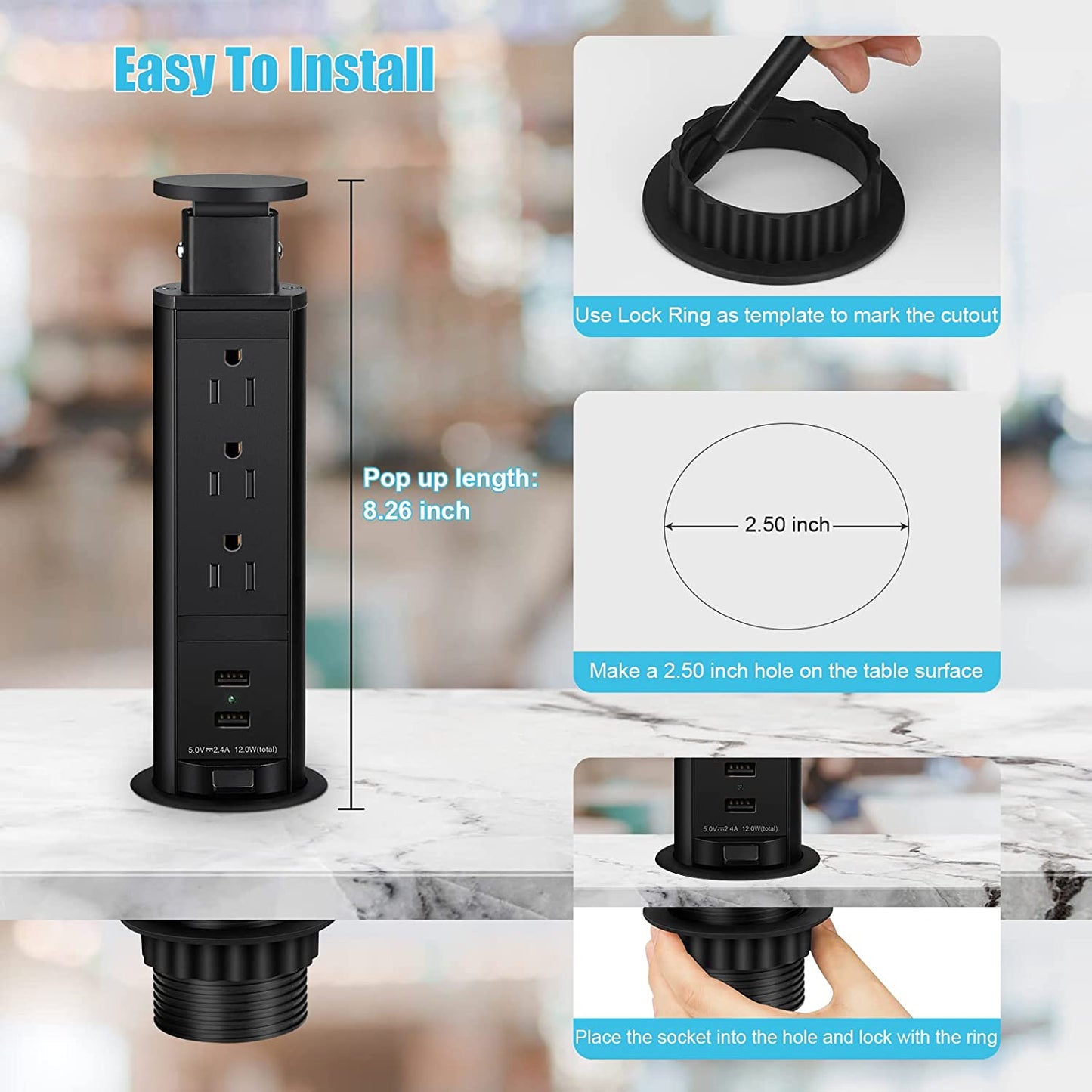 Pop Up Outlet with 3 AC Outlet & 2 USB Port