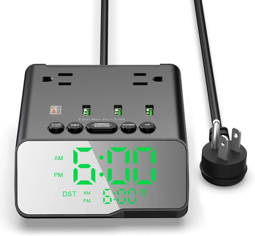 Electronic Alarm Clock with USB Charger Power Strip, 6FT Power Cord Alarm Clock Charging Station with 4 USB Ports and 2 Outlets for Bedside, Home, Hotel (Adjustable Brightness, ON/Off Switch)