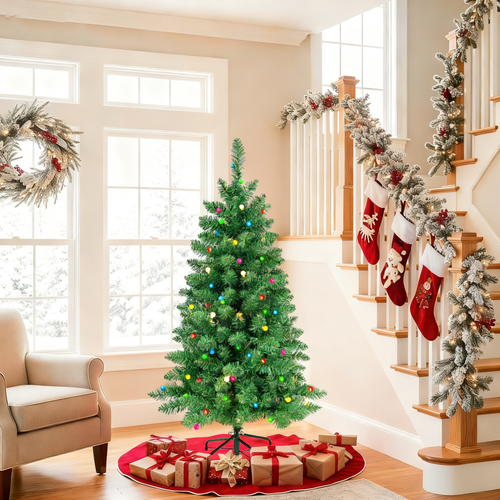 4FT Prelit Christmas Tree, Artificial PVC Christmas Tree with 100 Colorful Globe String Lights, Sturdy Iron Stand, Easy Set-up, New PVC Green Xmas Tree for Holiday Décor