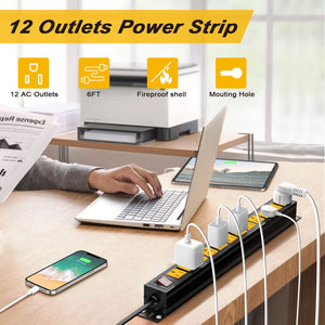 12 Outlets Rack PDU Power Strip Surge Protector with 6FT Cord