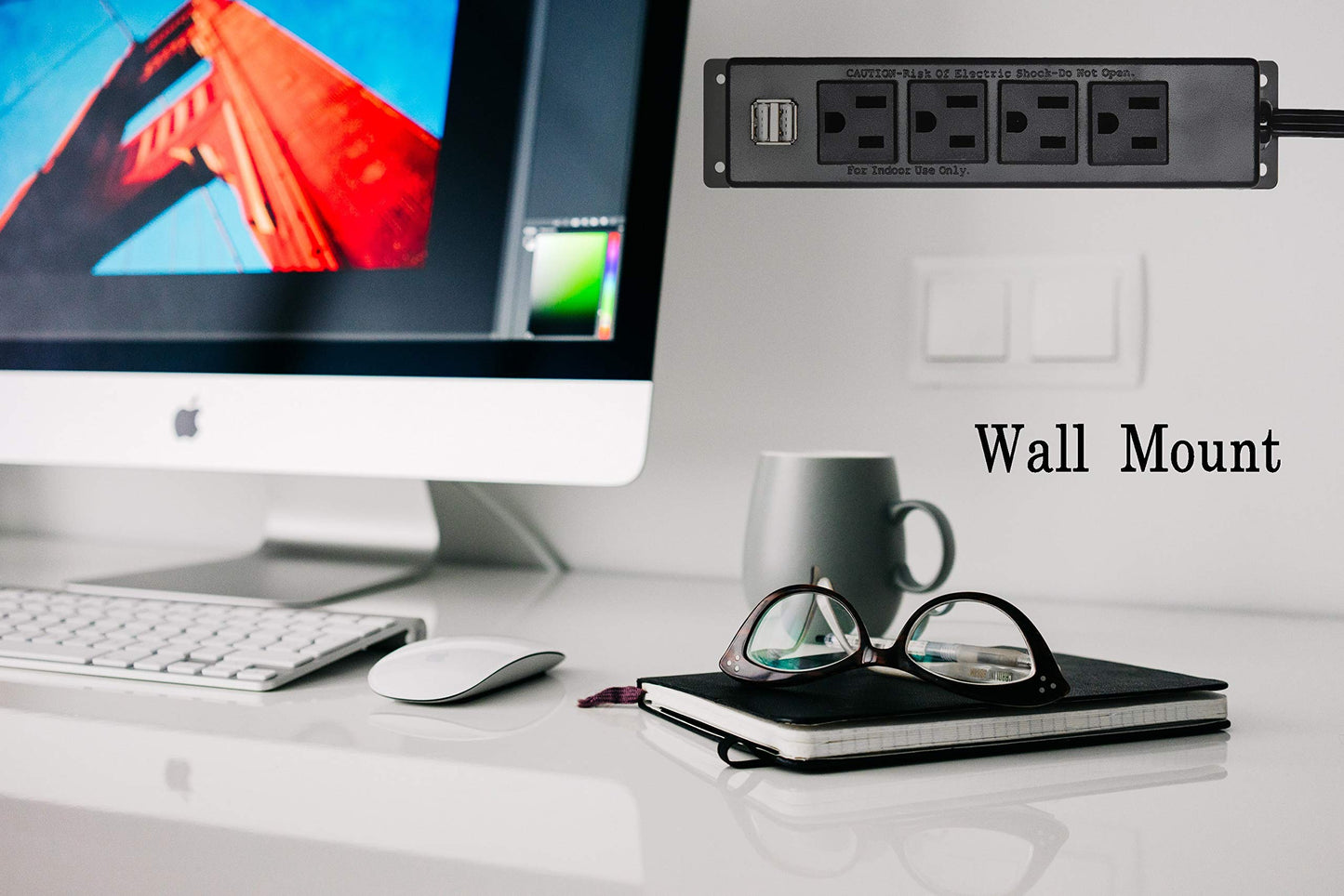 Wall Mount Power Strip with USB, 4 AC Outlet and 2 USB Ports