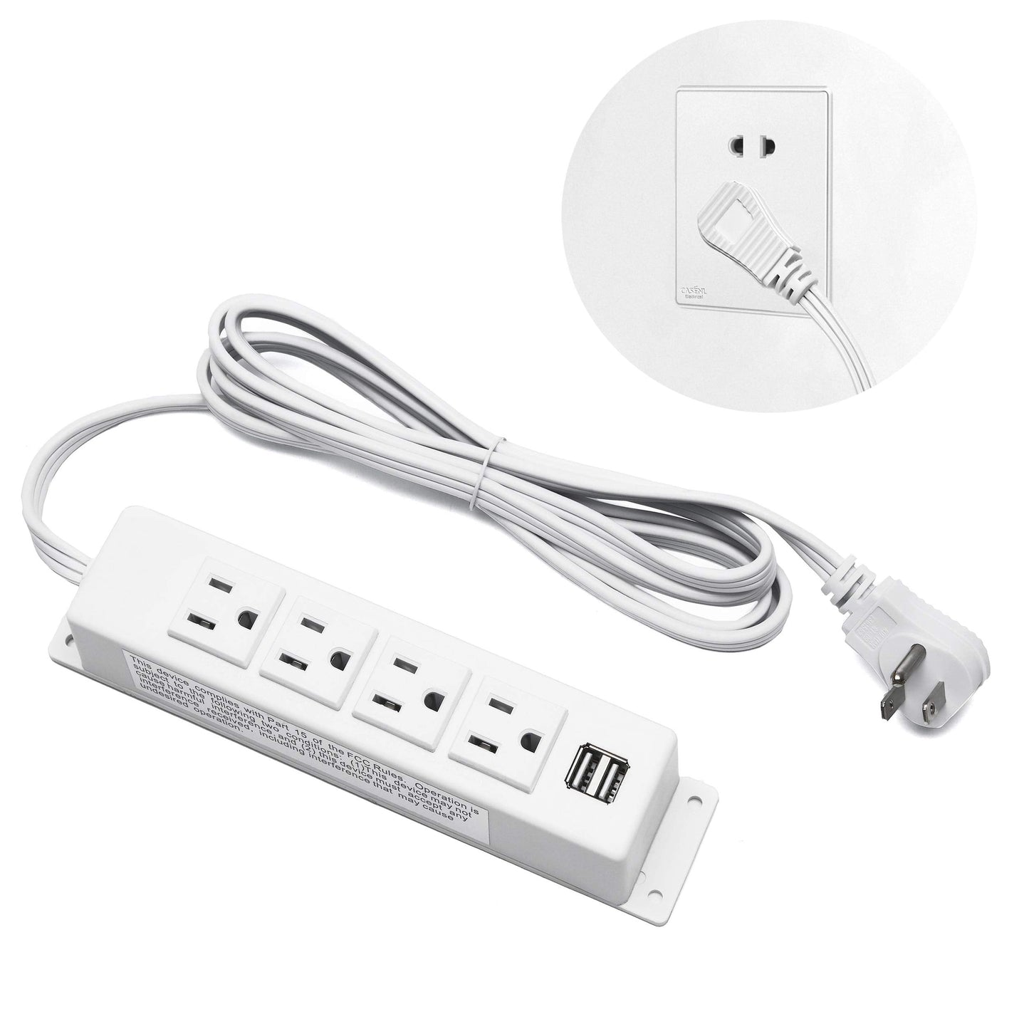 Wall Mount Power Strip with USB, 4 AC Outlet and 2 USB Ports