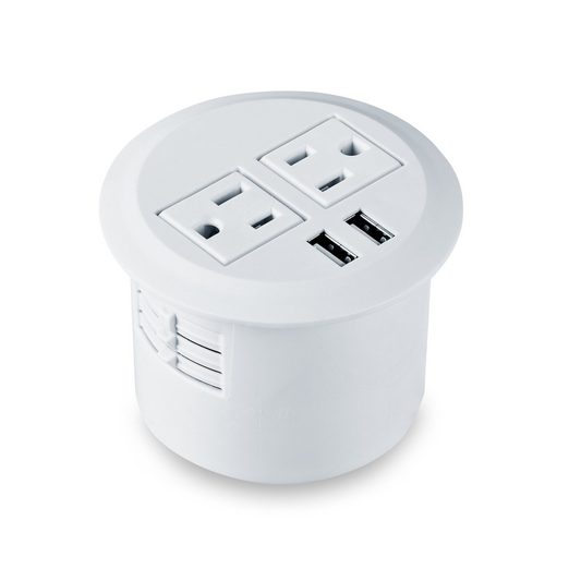 Desktop Power Grommet Power Outlet Socket Desk Data Center 2 Outlet with 2 USB Ports with 10 FT Extension Cord(White)