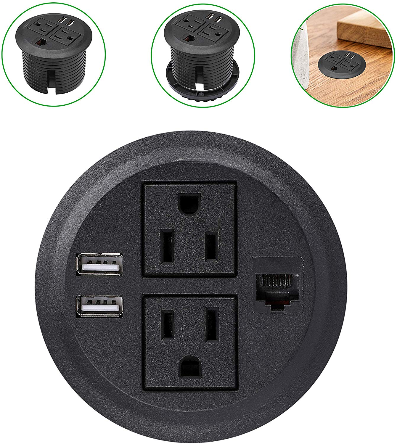 Desktop Hidden Power Grommet with 2 Power Socket & 2 USB Charging Ports