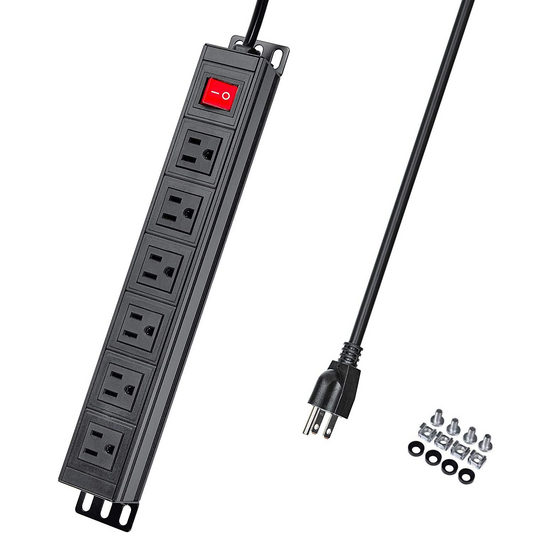 BTU 6 Outlet Power Strip Surge Protector, Metal Rack Mount PDU Power Outlet with Switch, 6ft Long Extension Cord Heavy Duty Wall Mount Power Socket for Office Home Workshop, 15A/125V, Black