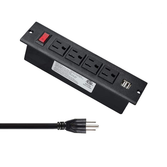 Conference Recessed Power Strip, Desktop Power Grommet with Switch, Recessed Desk Outlet Socket, 6.56ft Extension Cord, 4 Outlet, 2 USB Ports (Black)