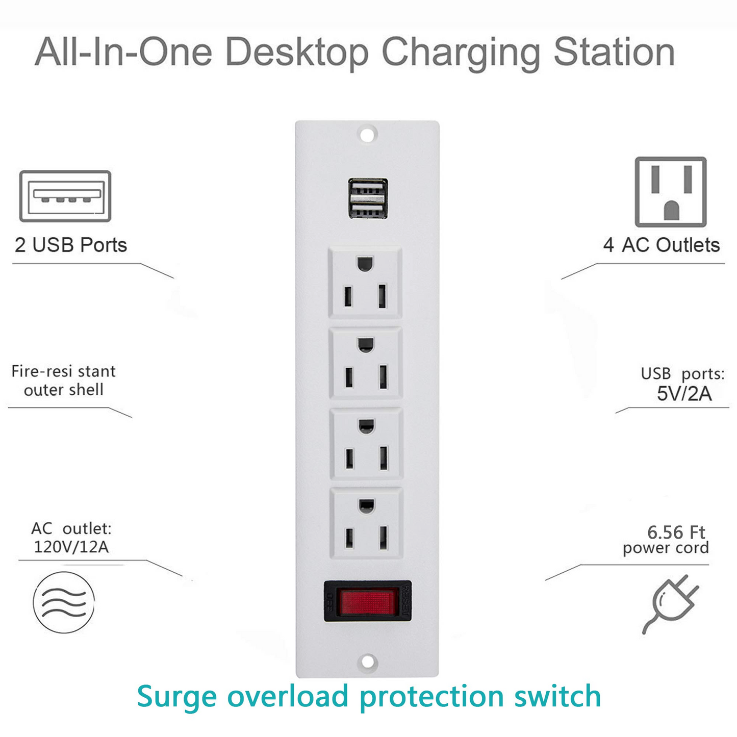 Conference Recessed Power Strip, Desktop Power Grommet with Switch, Recessed Desk Outlet Socket, 6.56ft Extension Cord, 4 Outlet, 2 USB Ports (White)
