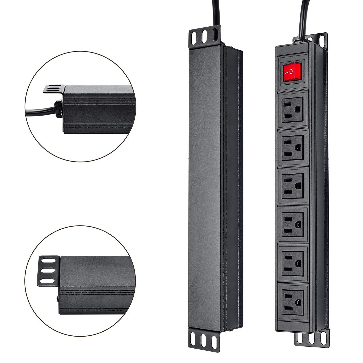 BTU 6 Outlet Power Strip Surge Protector, Metal Rack Mount PDU Power Outlet with Switch, 6ft Long Extension Cord Heavy Duty Wall Mount Power Socket for Office Home Workshop, 15A/125V, Black