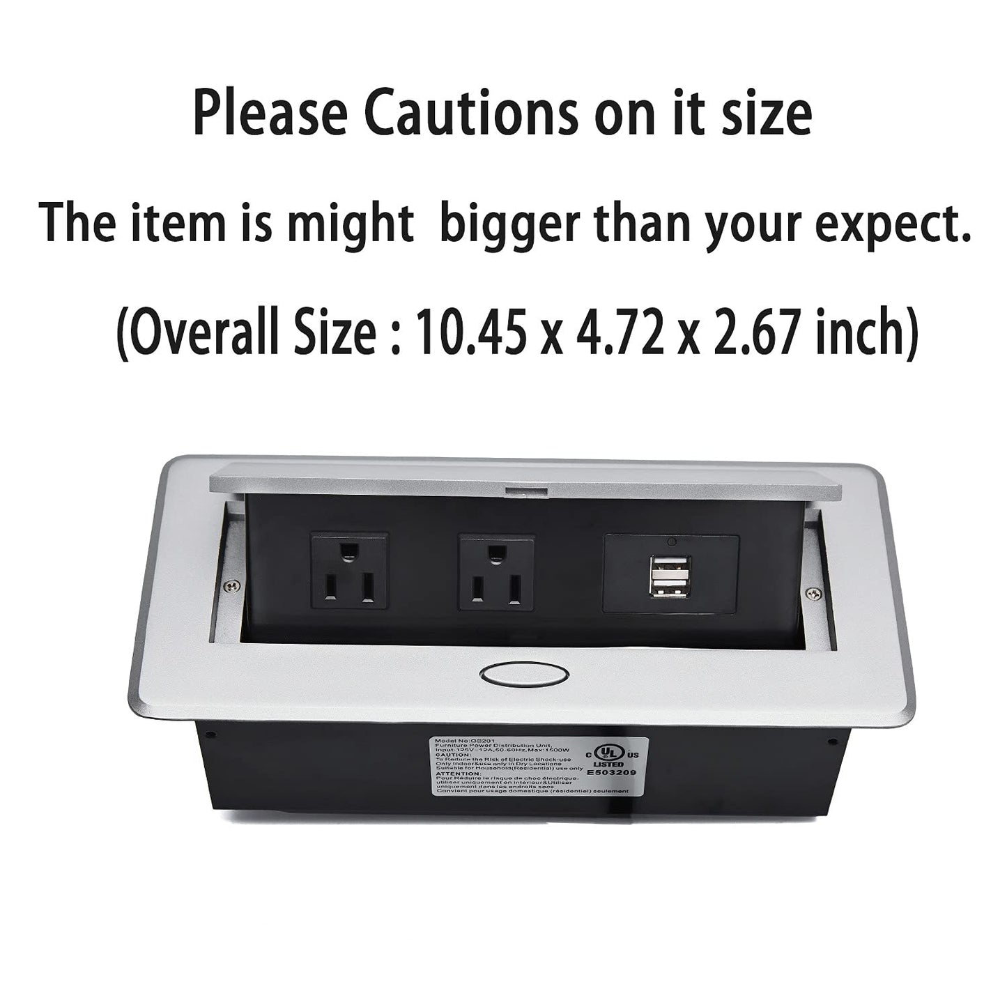 UL Approval Power Strip, Hidden Pop Up Outlet Table Connection Box, Desktop Socket with 2 Outlets & 2 USB Charging Ports for Conference Room Countertop (Silver)