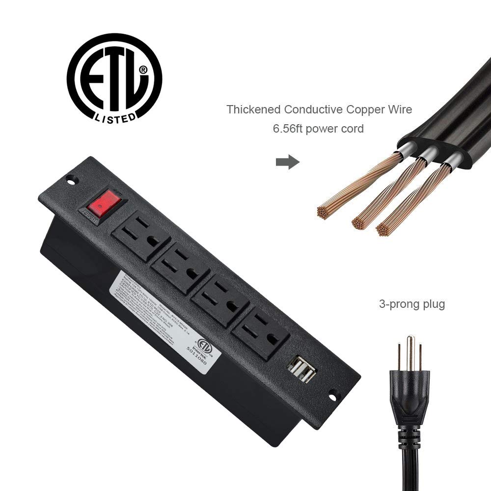 Conference Recessed Power Strip, Desktop Power Grommet with Switch, Recessed Desk Outlet Socket, 6.56ft Extension Cord, 4 Outlet, 2 USB Ports (Black)