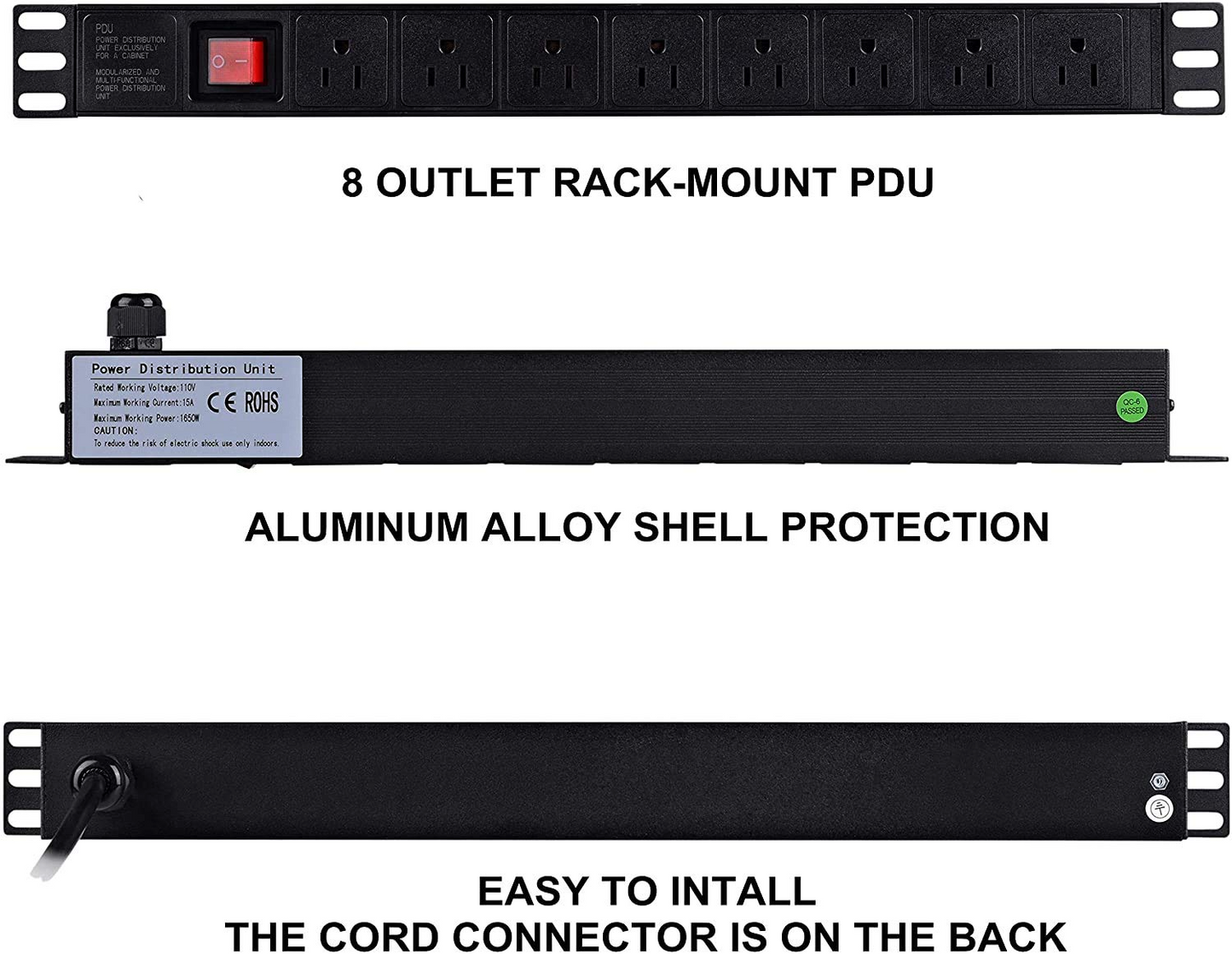BTU Power Strip Surge Protector Rack-Mount PDU, 8 Right Angle Outlets Wide-Spaced, 15A/125V, 6ft Cord, Black