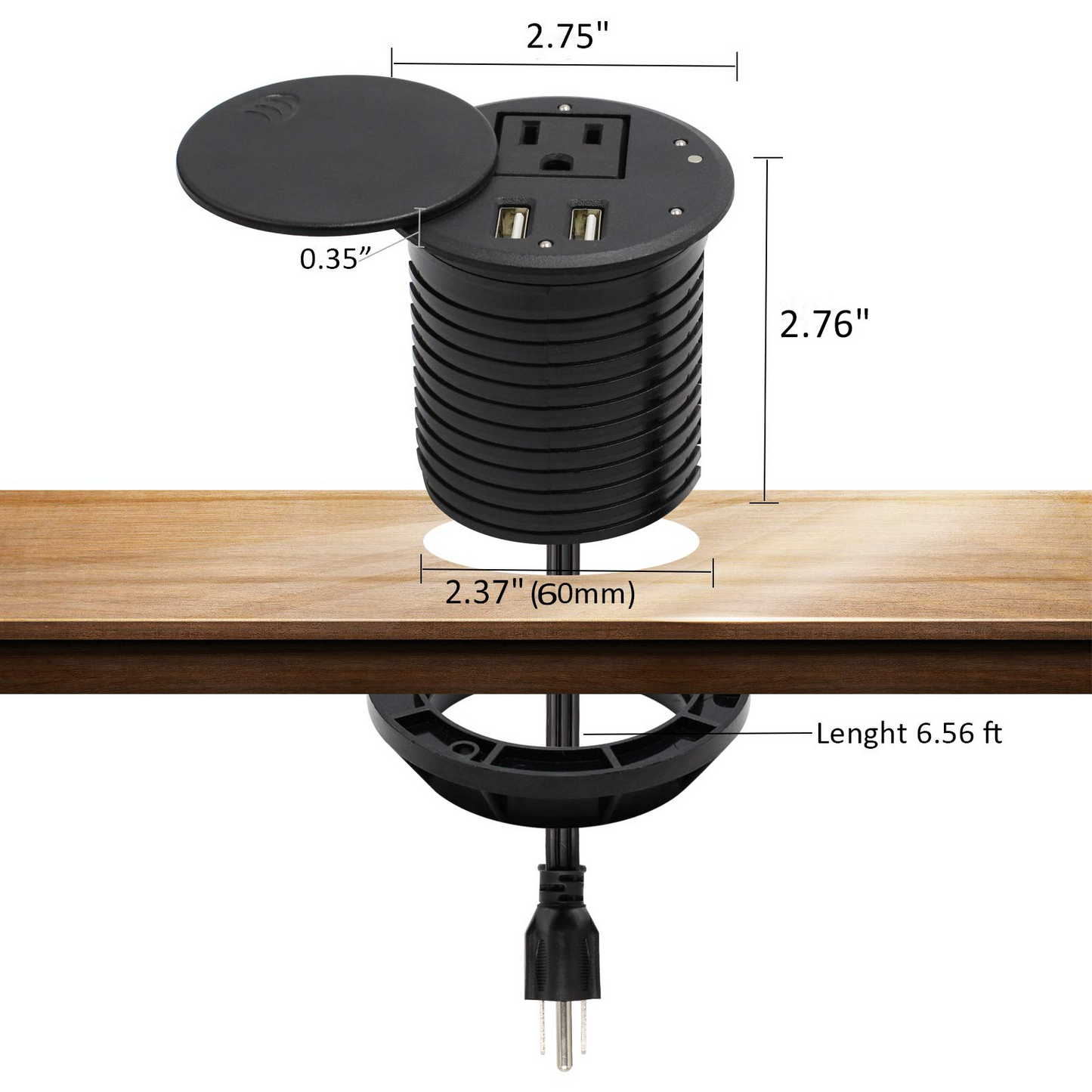 Desktop Power Grommet Desk Outlet Build-in 1 US Standard Outlet and 2 USB Ports Hidden Design with 6.56 FT Extension Power Cord for Office Home Furniture Hotel