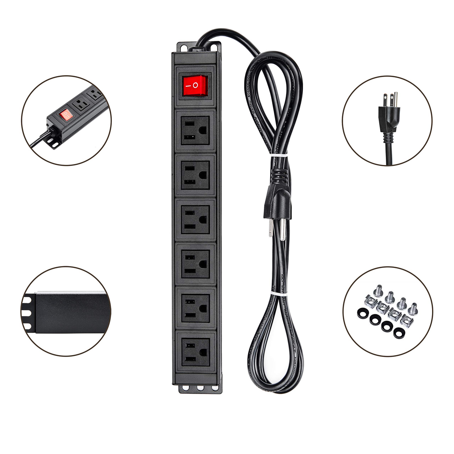 BTU 6 Outlet Power Strip Surge Protector, Metal Rack Mount PDU Power Outlet with Switch, 6ft Long Extension Cord Heavy Duty Wall Mount Power Socket for Office Home Workshop, 15A/125V, Black