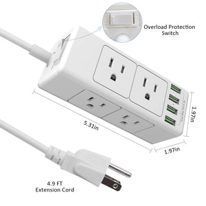 Power Strip with USB, BTU Surge Protector Power Strip with 4 USB Ports & 6 Outlet (3 Side), 5FT Extension Power Cord, ETL Listed, White