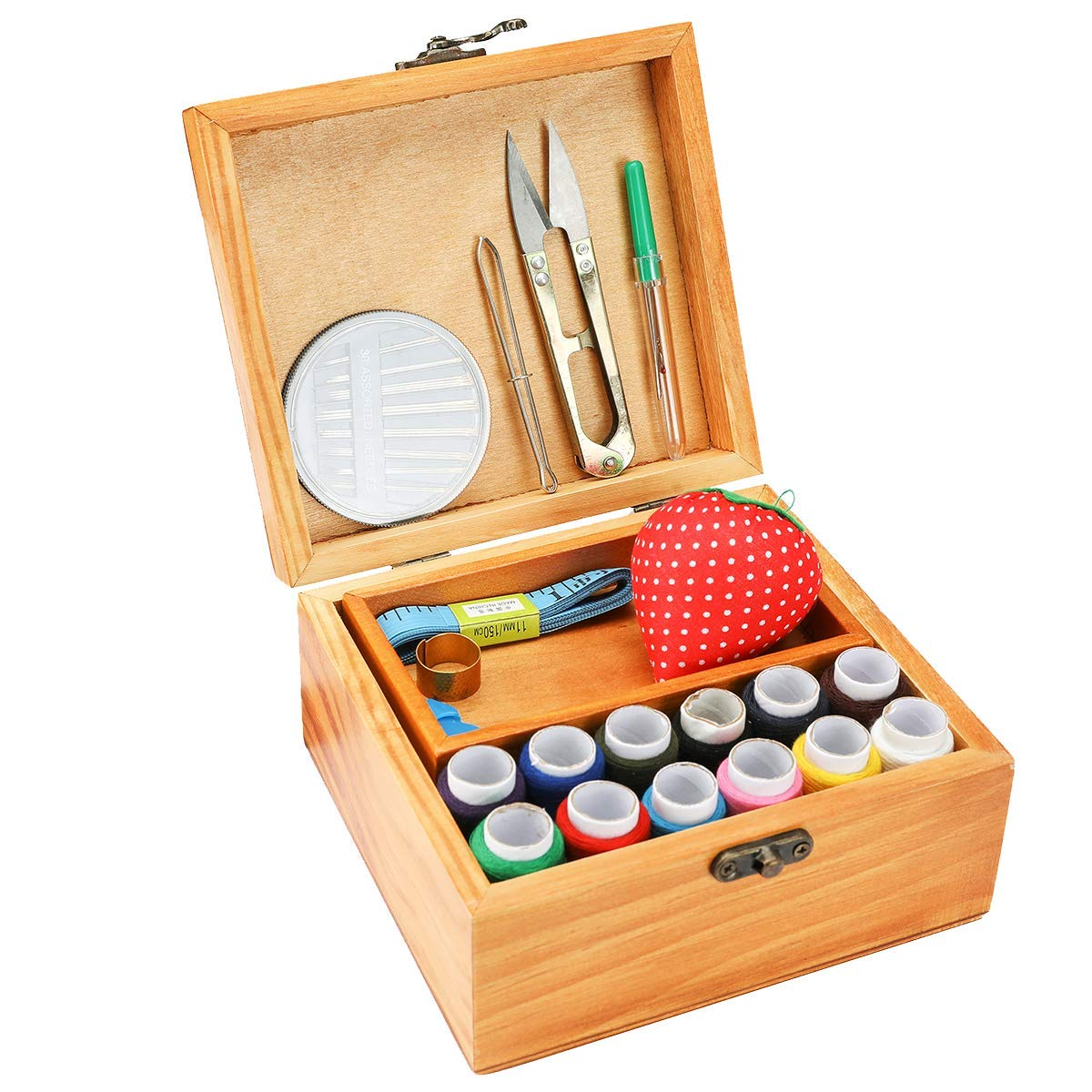 Sewing Kit, Wooden Sewing Kit Box for Adults, Wooden Sewing Basket with Accessories, Home Sewing Basket Stitching Repair Kit for Beginner, Women, Men