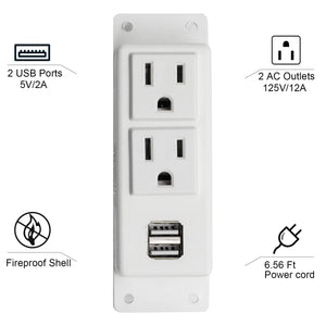 Desktop Power Outlet with 2 AC Outlets, 2 USB Ports, 6.56ft Extension Cord, Mountable Under Desk, Workbench, Nightstand, Dresser, Table, White