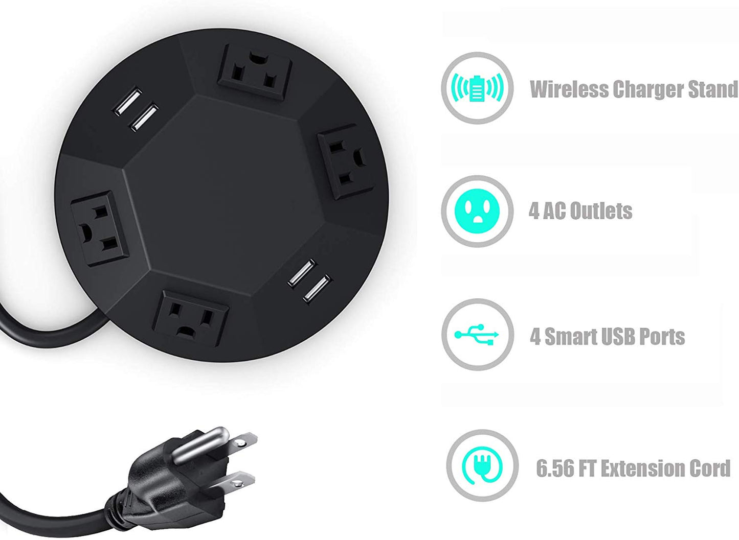 BTU Tower Power Strip Wireless Charger Desktop Charging-1500W 125V 4 Outlet Plug