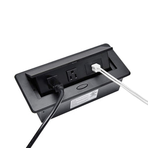 UL Listed Power Strip, Kungfuking Pop Up Power Cover Box Desktop Socket with Dual USB Charging Ports, Stainless Steel Receptacle Outlet for Conference Room Countertop (Black)