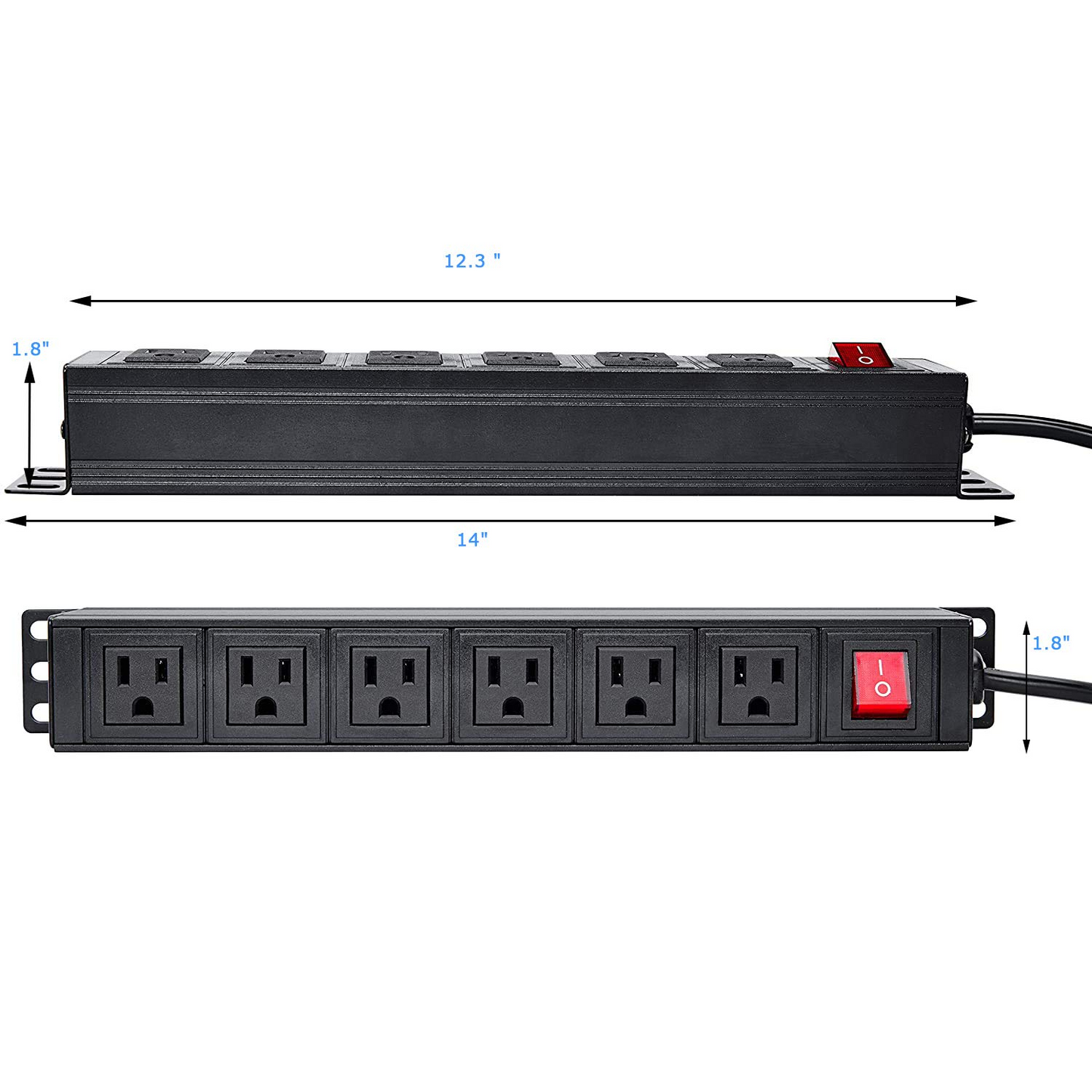 BTU 6 Outlet Power Strip Surge Protector, Metal Rack Mount PDU Power Outlet with Switch, 6ft Long Extension Cord Heavy Duty Wall Mount Power Socket for Office Home Workshop, 15A/125V, Black
