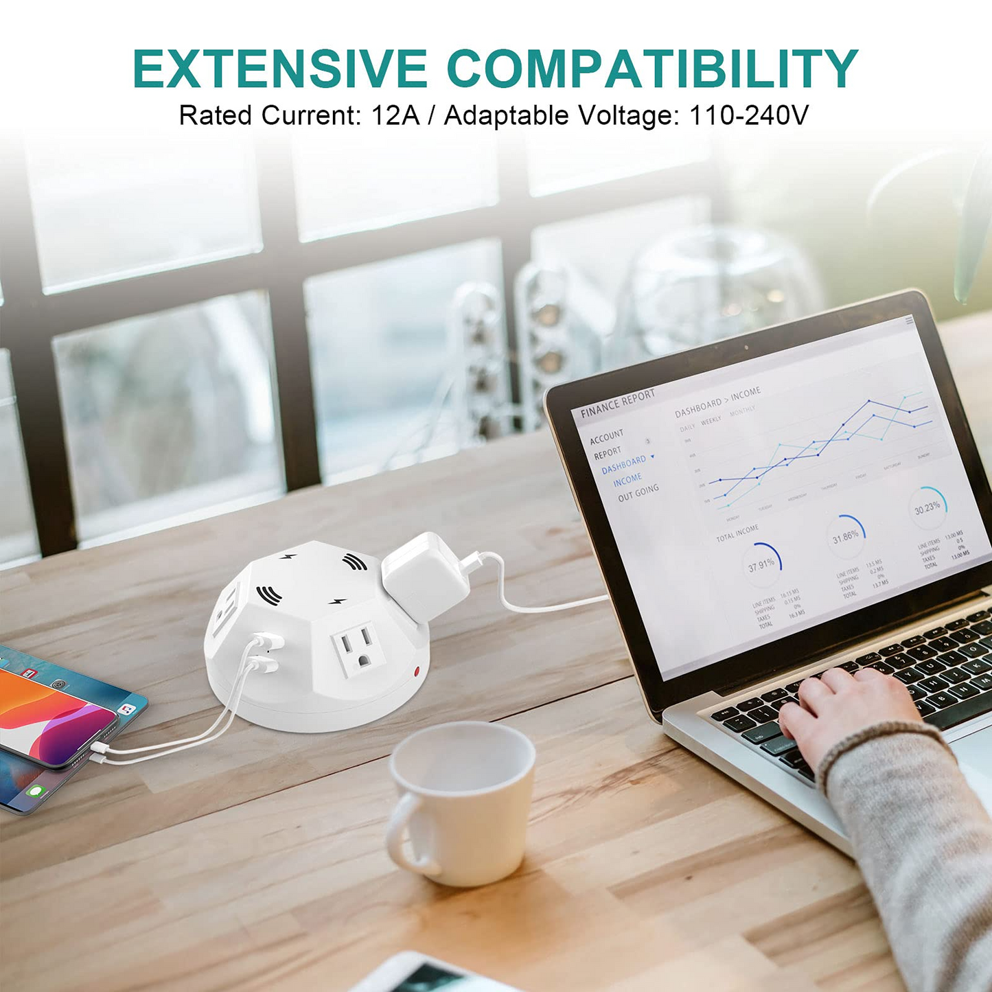 Power Strip Tower BTU Surge Protector Power Strip 4 AC Outlet with 4 USB Ports Charging Station 6.56 FT Extension Cord for PC Tablet Computer Office Dorm Room Home