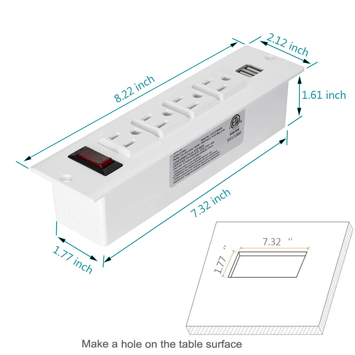 Conference Recessed Power Strip, Desktop Power Grommet with Switch, Recessed Desk Outlet Socket, 6.56ft Extension Cord, 4 Outlet, 2 USB Ports (White)