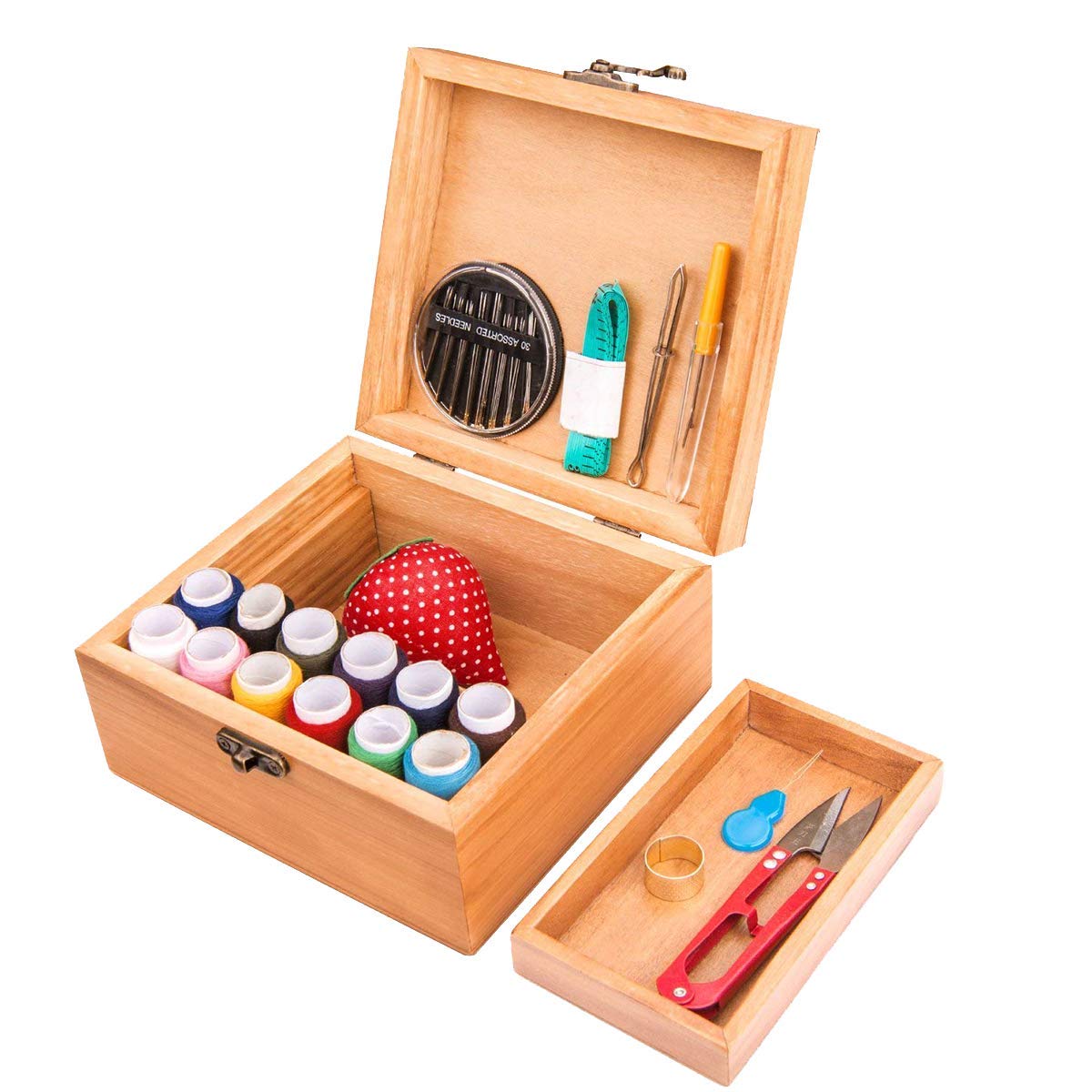 Sewing Kit, Wooden Sewing Kit Box for Adults, Wooden Sewing Basket with Accessories, Home Sewing Basket Stitching Repair Kit for Beginner, Women, Men