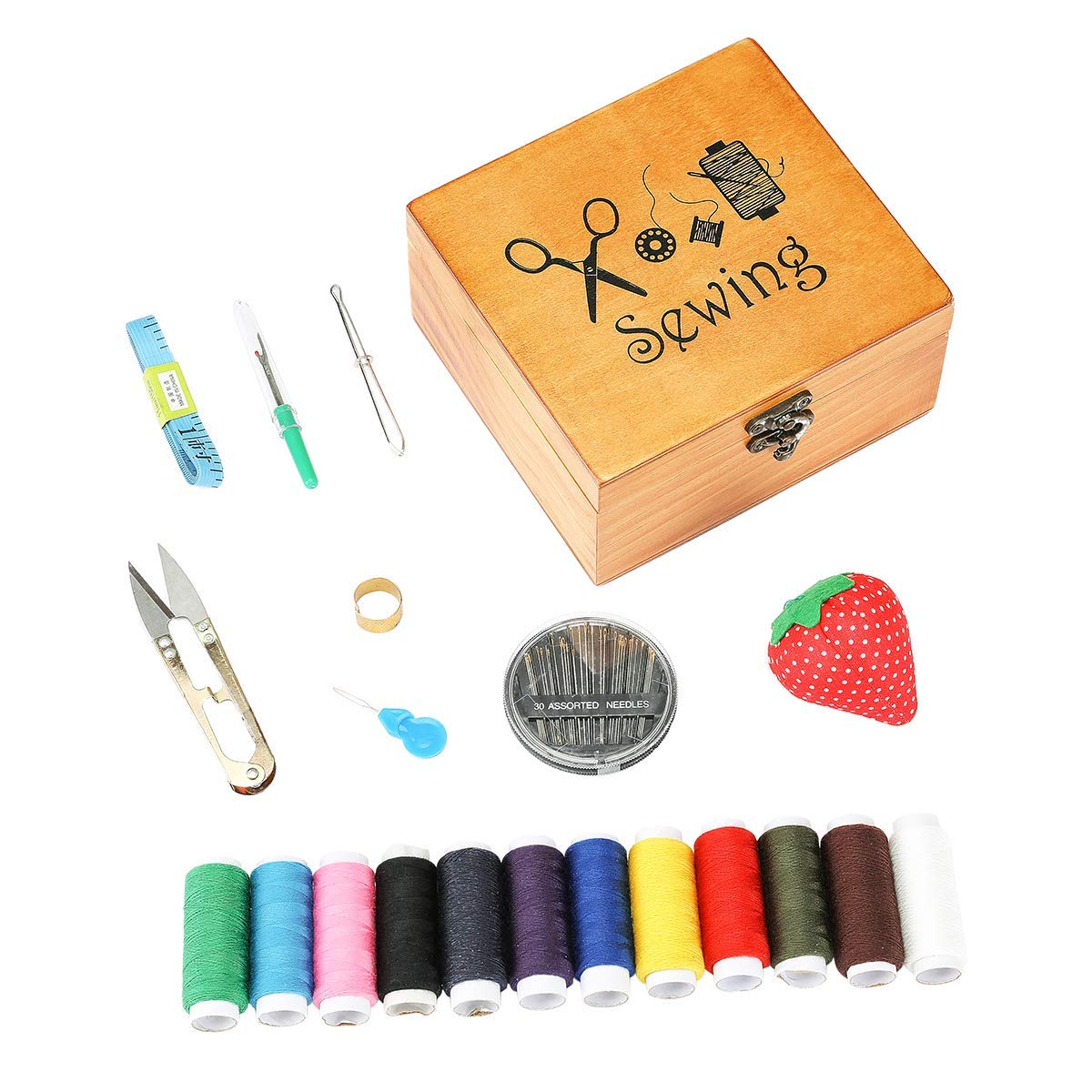 Sewing Kit, Wooden Sewing Kit Box for Adults, Wooden Sewing Basket with Accessories, Home Sewing Basket Stitching Repair Kit for Beginner, Women, Men