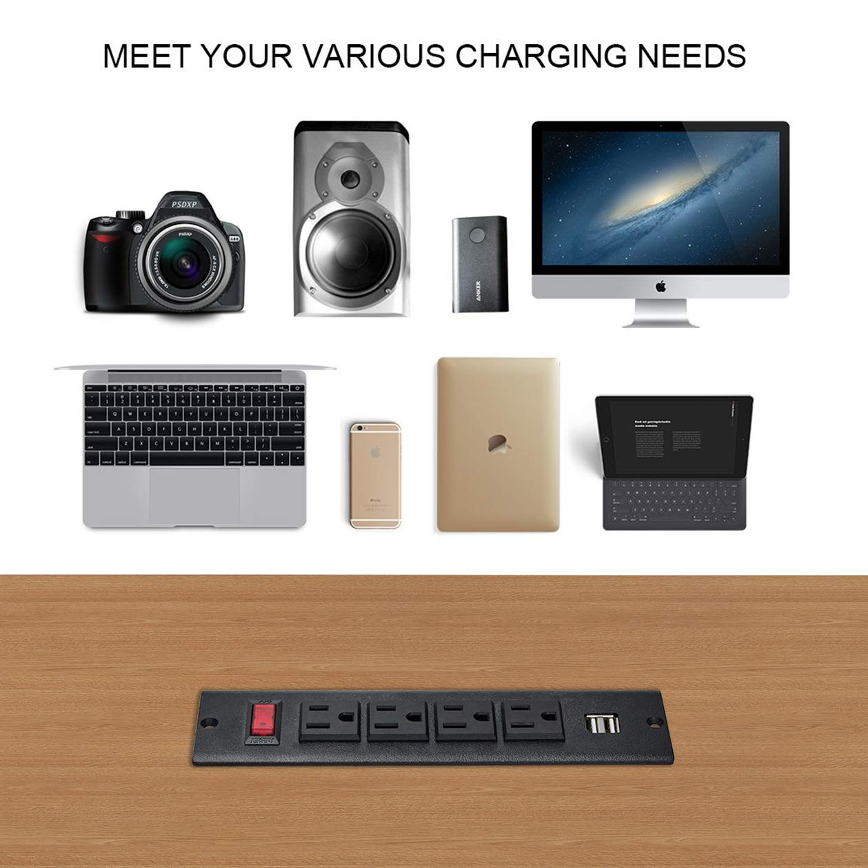 Conference Recessed Power Strip, Desktop Power Grommet with Switch, Recessed Desk Outlet Socket, 6.56ft Extension Cord, 4 Outlet, 2 USB Ports (Black)