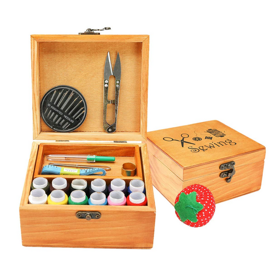 Sewing Kit, Wooden Sewing Kit Box for Adults, Wooden Sewing Basket with Accessories, Home Sewing Basket Stitching Repair Kit for Beginner, Women, Men