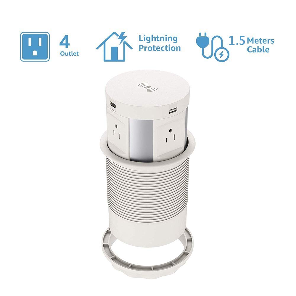 Automatic Pop Up Socket, Desk Retractable Recessed Power Strip, Pop Up Power Outlet with Wireless Charger