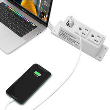 Load image into Gallery viewer, Desktop Power Outlet with 2 AC Outlets, 2 USB Ports, 6.56ft Extension Cord, Mountable Under Desk, Workbench, Nightstand, Dresser, Table, White