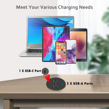 Load image into Gallery viewer, Desktop Power Grommet with USB C,Recessed Power Outlets with 2 AC Plugs and 3 USB Charging Ports,Hidden Power Strip for Office Kitchen Cabinet Conference Room