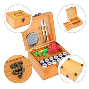 Sewing Kit, Wooden Sewing Kit Box for Adults, Wooden Sewing Basket with Accessories, Home Sewing Basket Stitching Repair Kit for Beginner, Women, Men