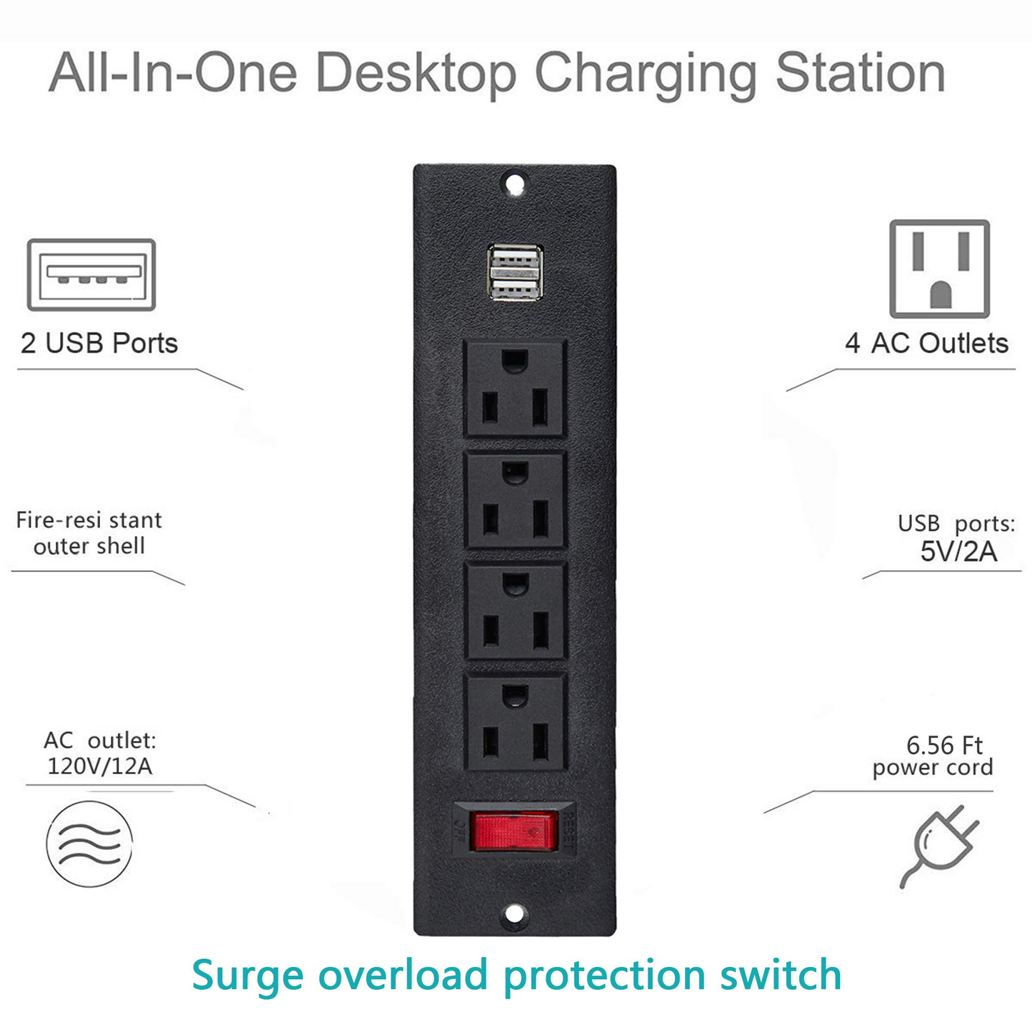 Conference Recessed Power Strip, Desktop Power Grommet with Switch, Recessed Desk Outlet Socket, 6.56ft Extension Cord, 4 Outlet, 2 USB Ports (Black)