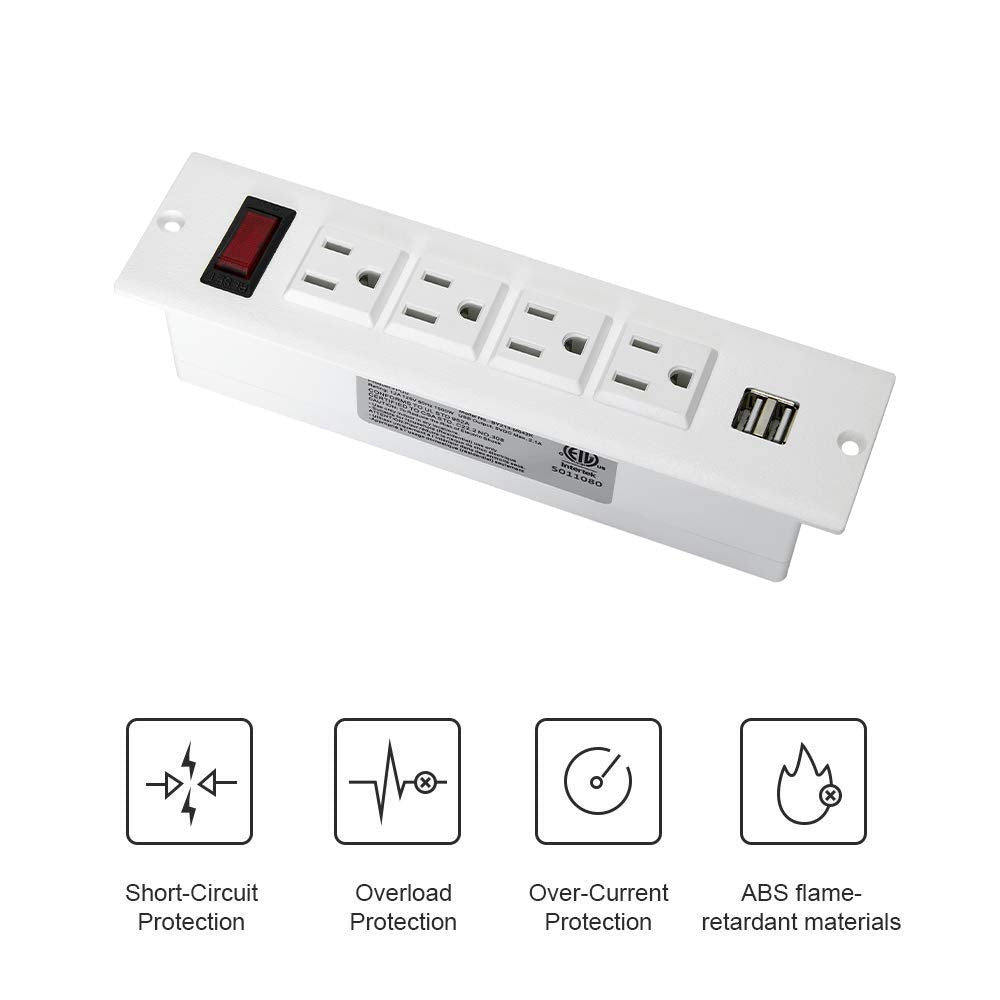 Conference Recessed Power Strip, Desktop Power Grommet with Switch, Recessed Desk Outlet Socket, 6.56ft Extension Cord, 4 Outlet, 2 USB Ports (White)