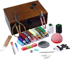 BTU Sewing Kit Box Basket, Wooden Hand Home Sewing Repair Tool Kit, Beginner Universal Sew Kit Accessories for Women, Men, Adults, Kids
