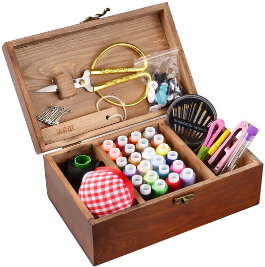 BTU Sewing Kit Box Basket, Wooden Hand Home Sewing Repair Tool Kit, Beginner Universal Sew Kit Accessories for Women, Men, Adults, Kids