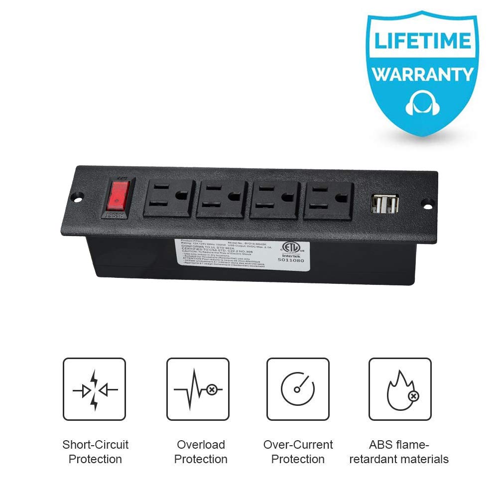 Conference Recessed Power Strip, Desktop Power Grommet with Switch, Recessed Desk Outlet Socket, 6.56ft Extension Cord, 4 Outlet, 2 USB Ports (Black)