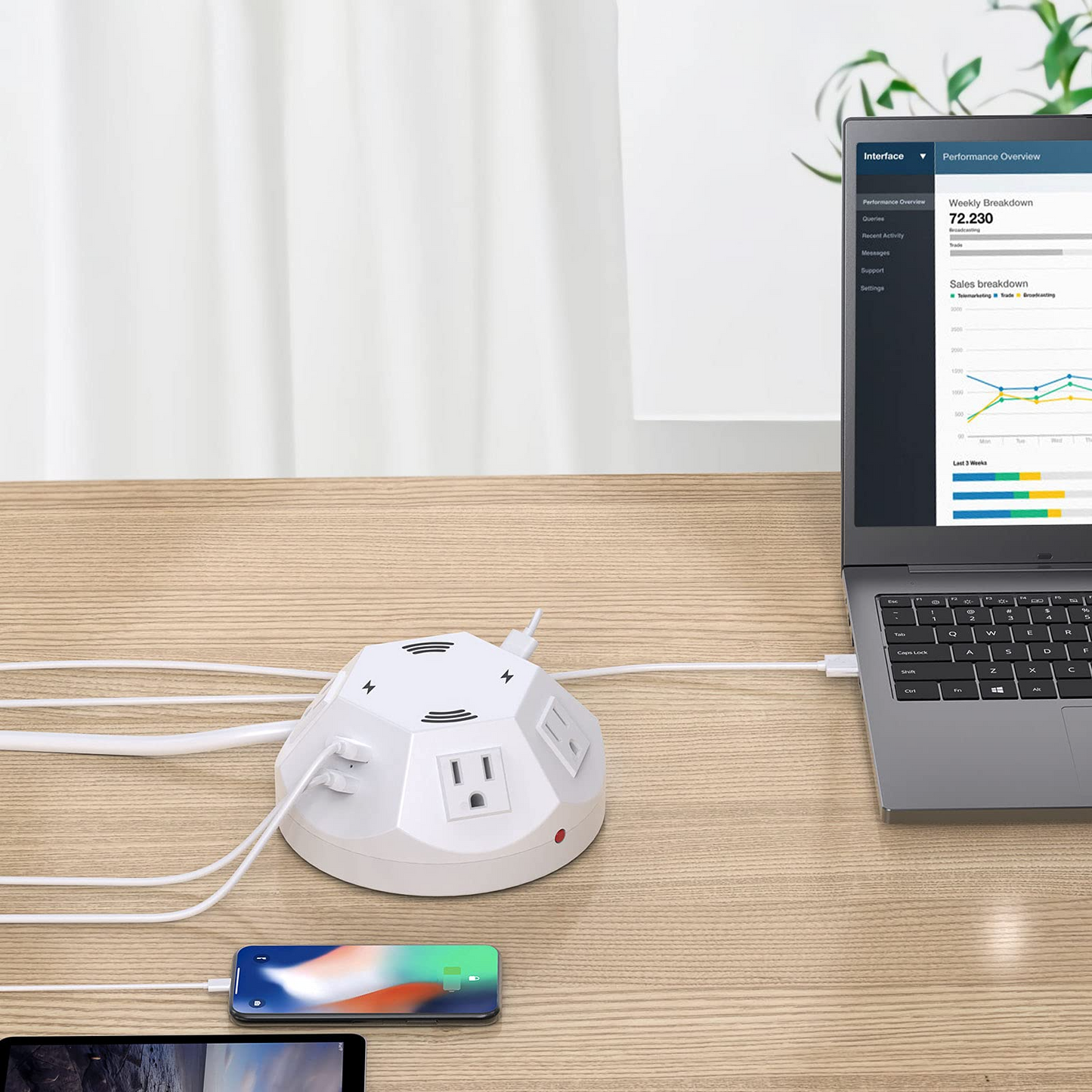 Power Strip Tower BTU Surge Protector Power Strip 4 AC Outlet with 4 USB Ports Charging Station 6.56 FT Extension Cord for PC Tablet Computer Office Dorm Room Home