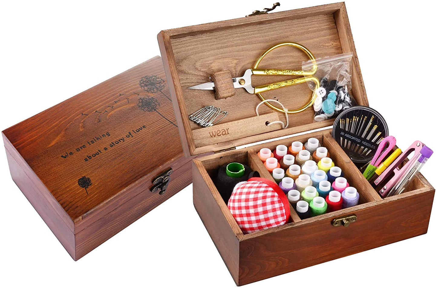 BTU Sewing Kit Box Basket, Wooden Hand Home Sewing Repair Tool Kit, Beginner Universal Sew Kit Accessories for Women, Men, Adults, Kids