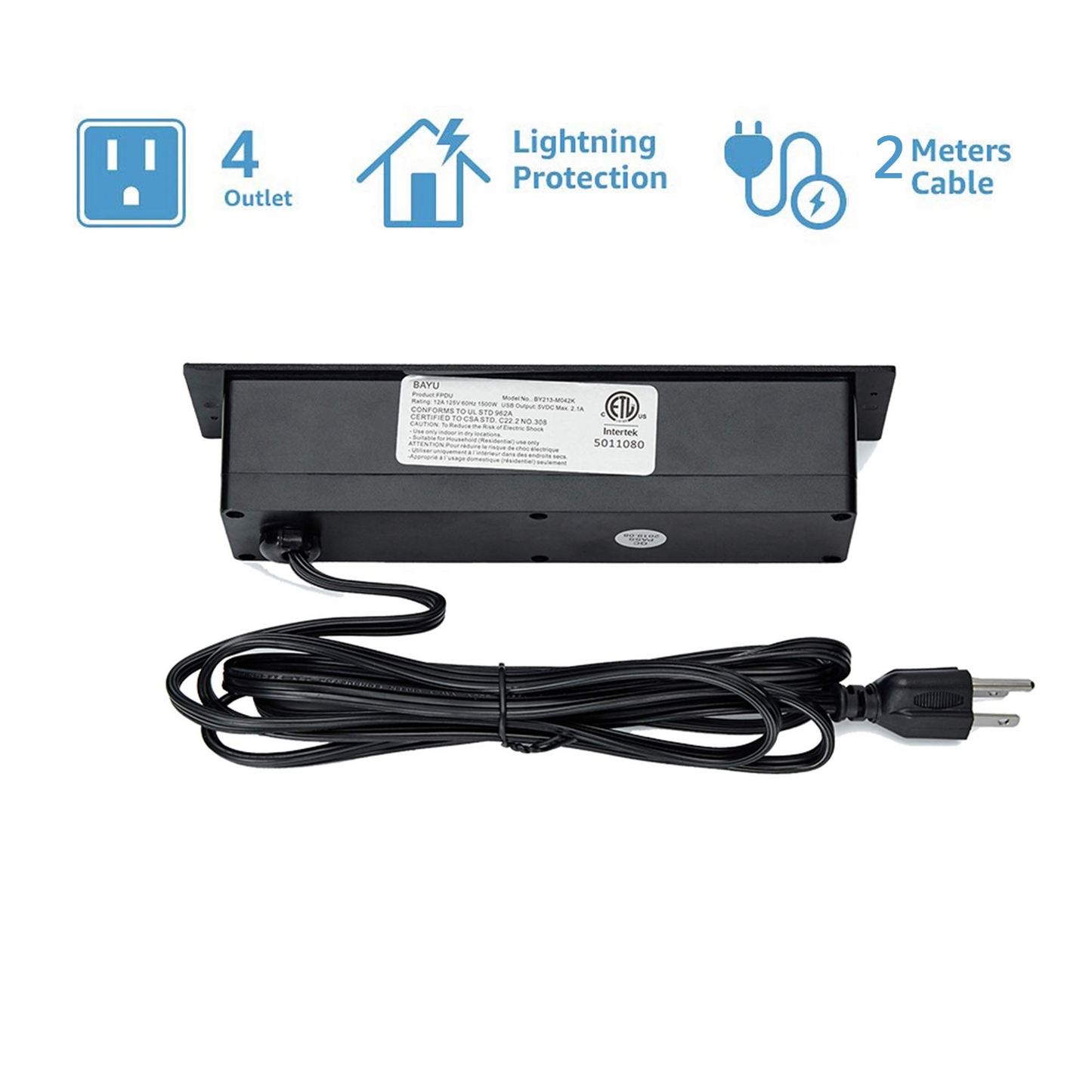 Conference Recessed Power Strip, Desktop Power Grommet with Switch, Recessed Desk Outlet Socket, 6.56ft Extension Cord, 4 Outlet, 2 USB Ports (Black)